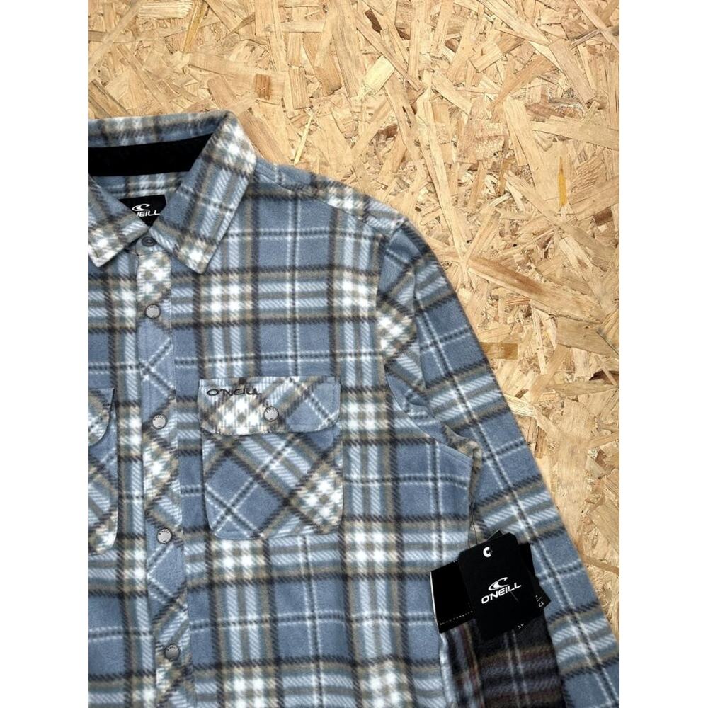 ONeill Fleece Flannel Shirt Mens Medium Blue Plaid Snap Button Long Sleeve - Picture 5 of 14